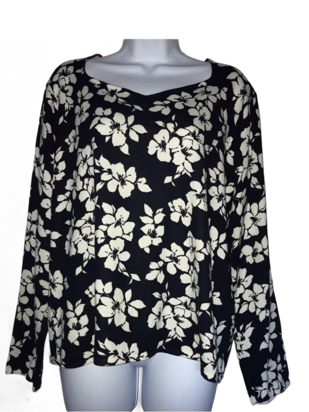 Emma James Lightweight Knit Long Sleeve Women Floral Top Black White * XL